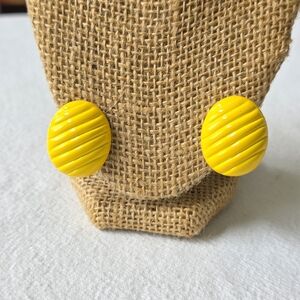 Bright Yellow Diagonal Stripe Oval Earrings Ribbed Texture Dome Button Shape